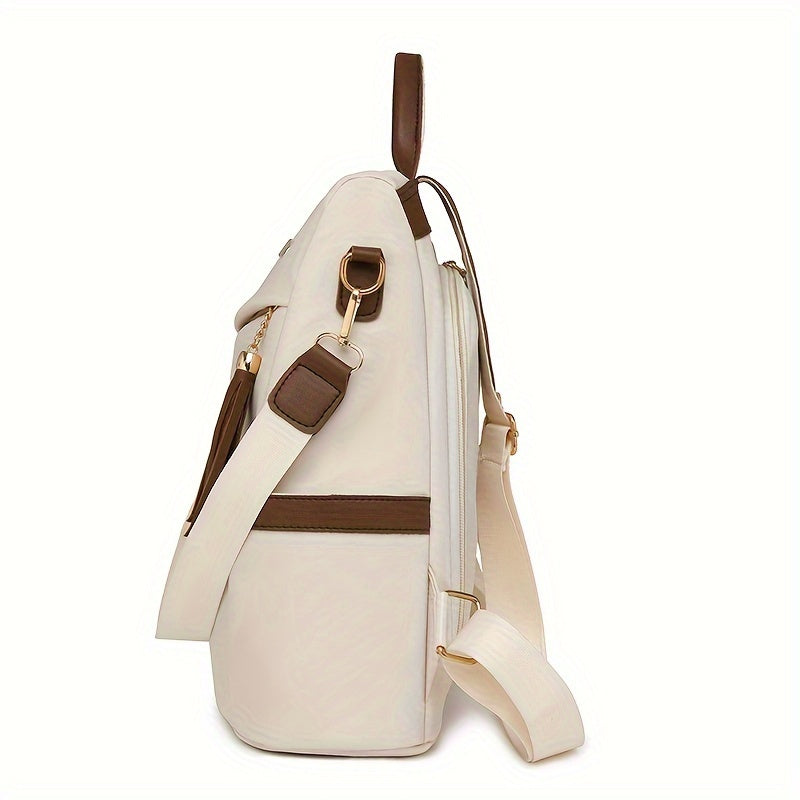 Women's Nylon Anti-Theft Backpack Purse in White and Brown with Adjustable Straps and Large Capacity
