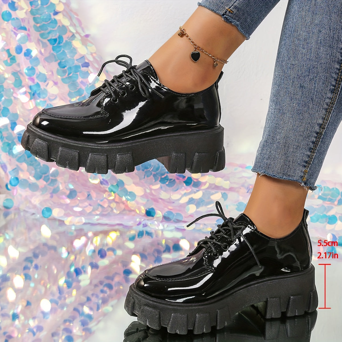Women's Chunky Platform Loafers Glossy Black PU Lace-Up Shoes