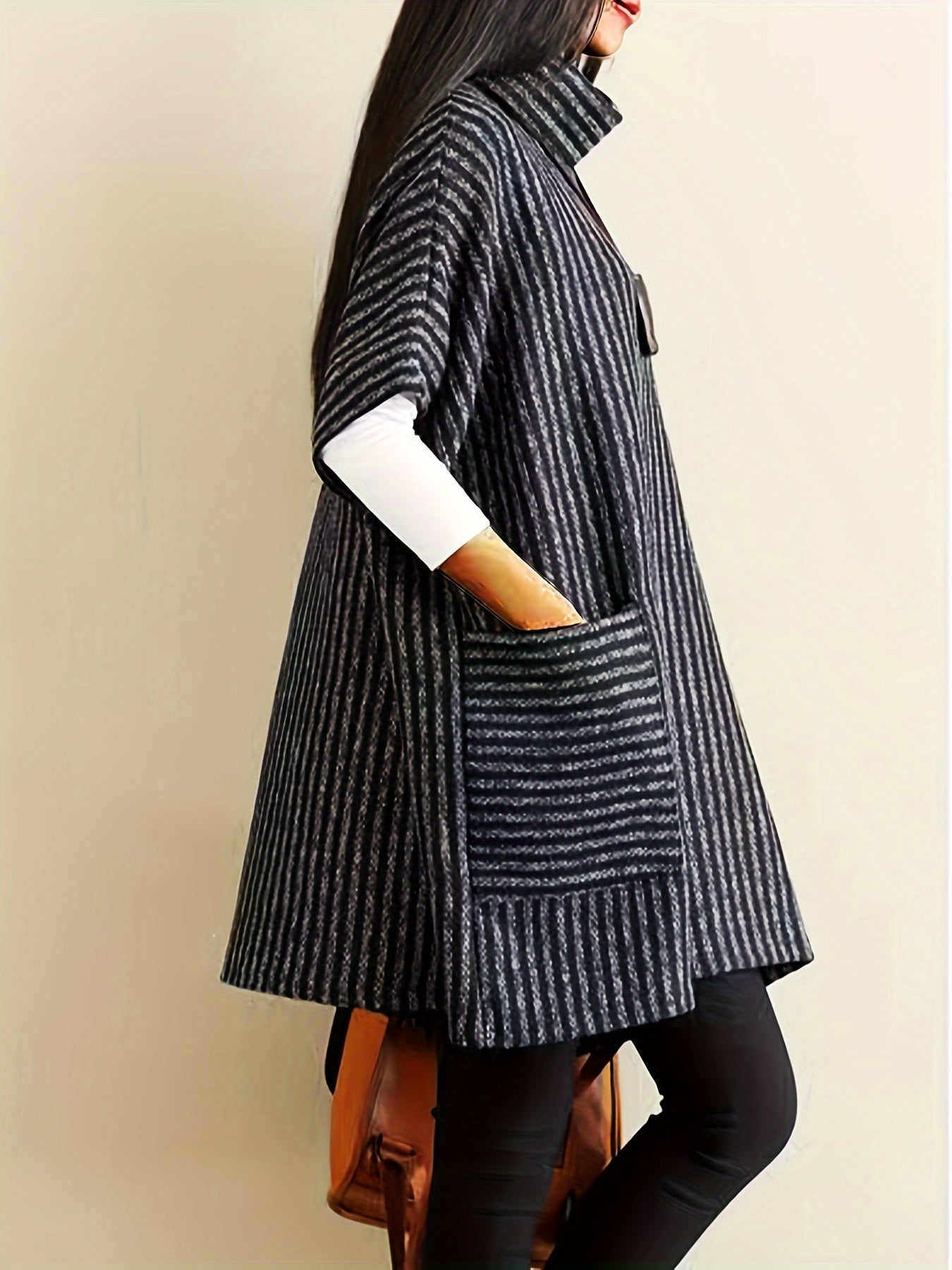 Plus Size Women's Striped High Neck Sweater Casual Pullover with Pockets