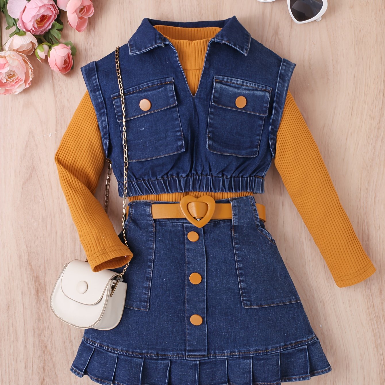 Girls' Casual Outfit Set with High Neck Long Sleeve Top Denim Vest and Pleated Knee-Length Skirt