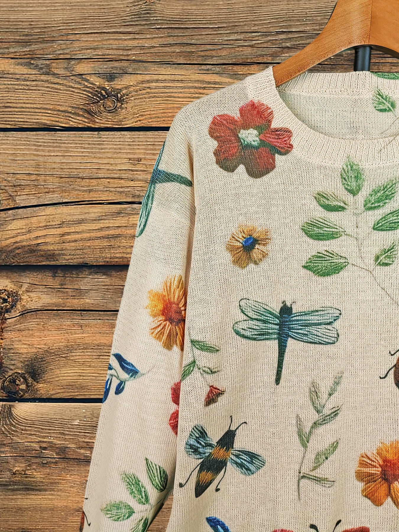 Women's Plus Size Floral Butterfly Pattern Knitted Pullover Crew Neck Long Sleeve Top