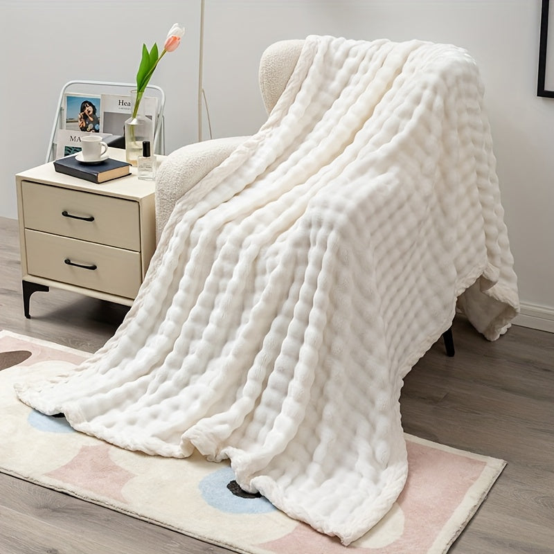 White Bubble Fleece Blanket 100% Polyester All-Season Cozy Throw for Living Room Bedroom Camping