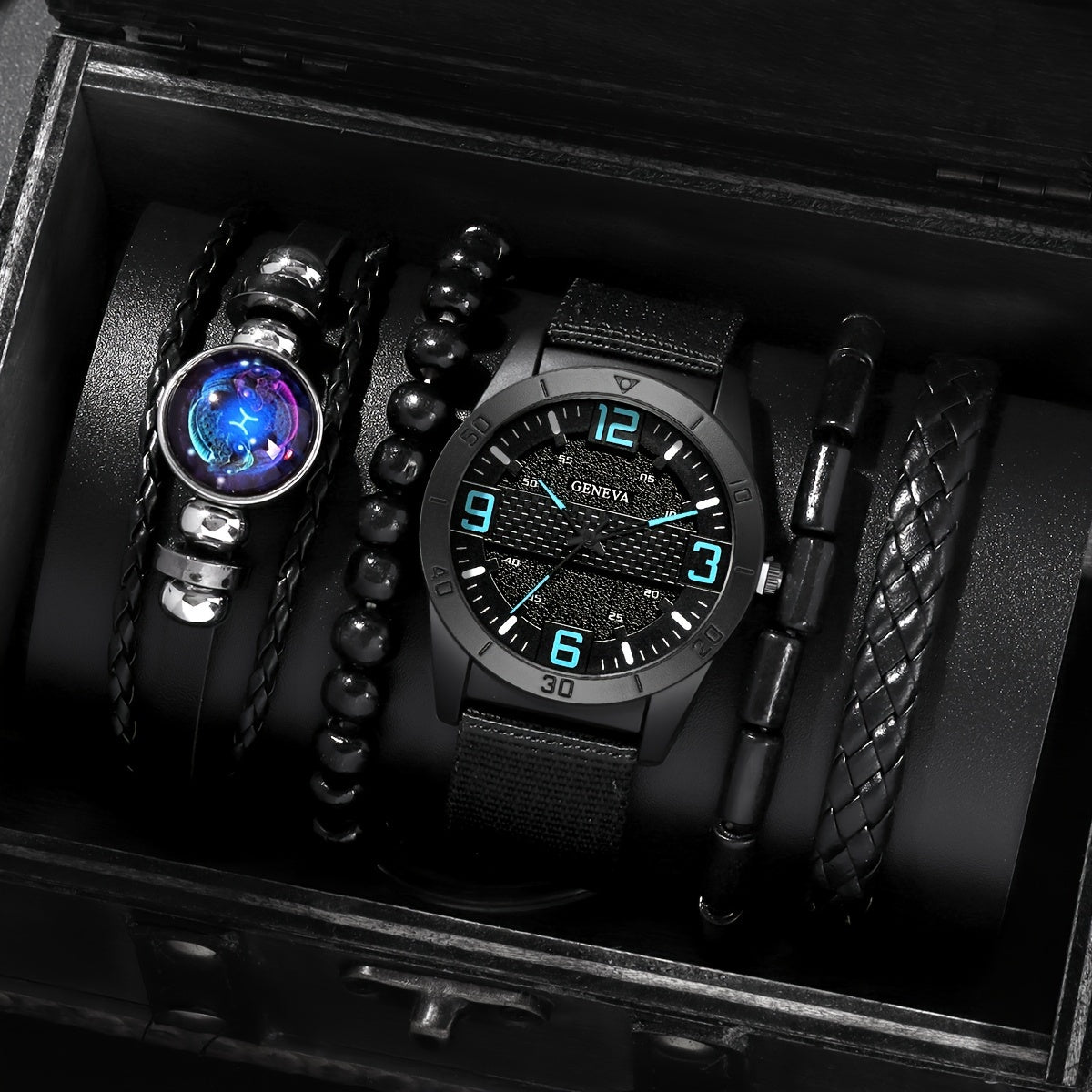 Men's Vintage Quartz Wristwatch Set with Round Dial Alloy Case Canvas Strap Wooden Bead Bracelet