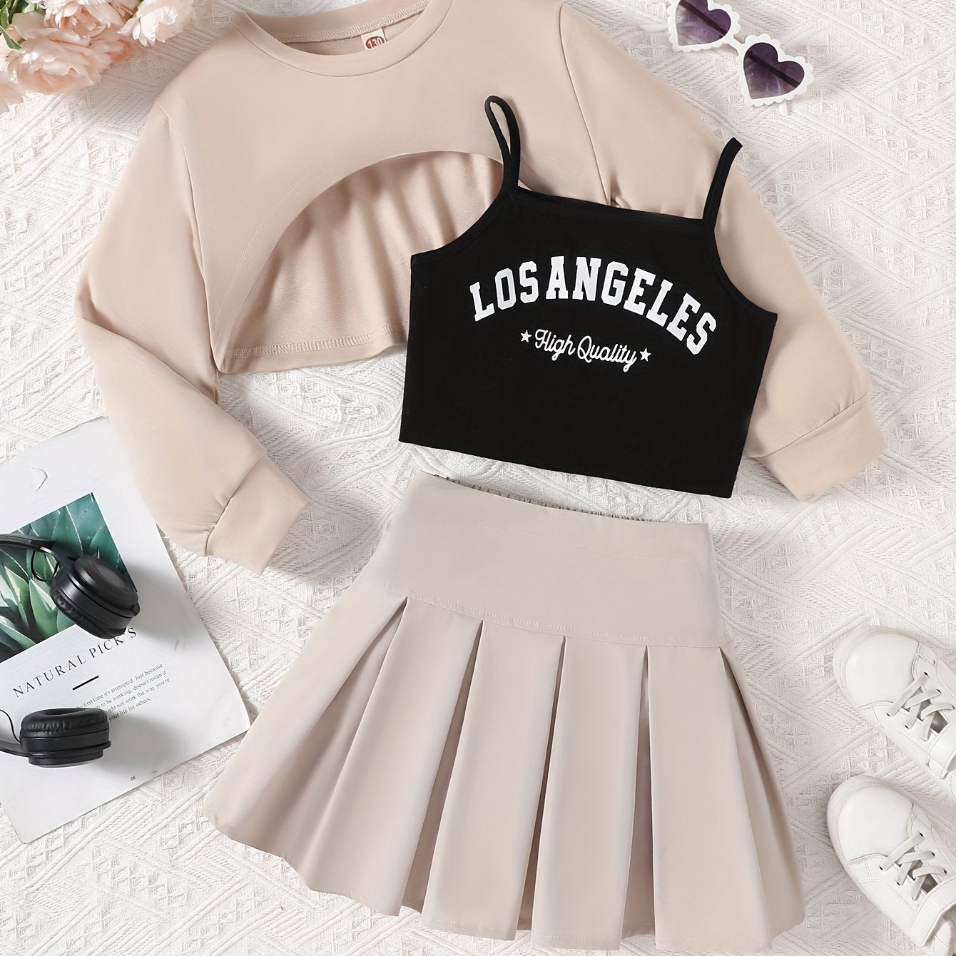 Детский комплект одежды для улицы с блузкой с длинным рукавом и плиссированной юбкой из полиэстера для весны и осени