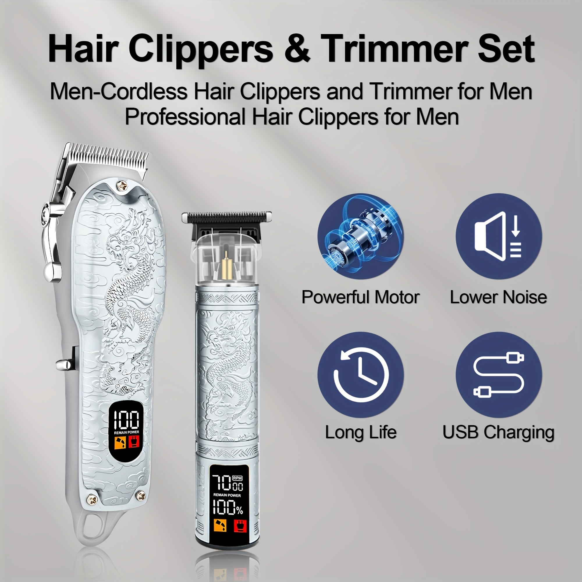 Electric men's hair clipper set with USB rechargeable wireless beard trimmer for barbers