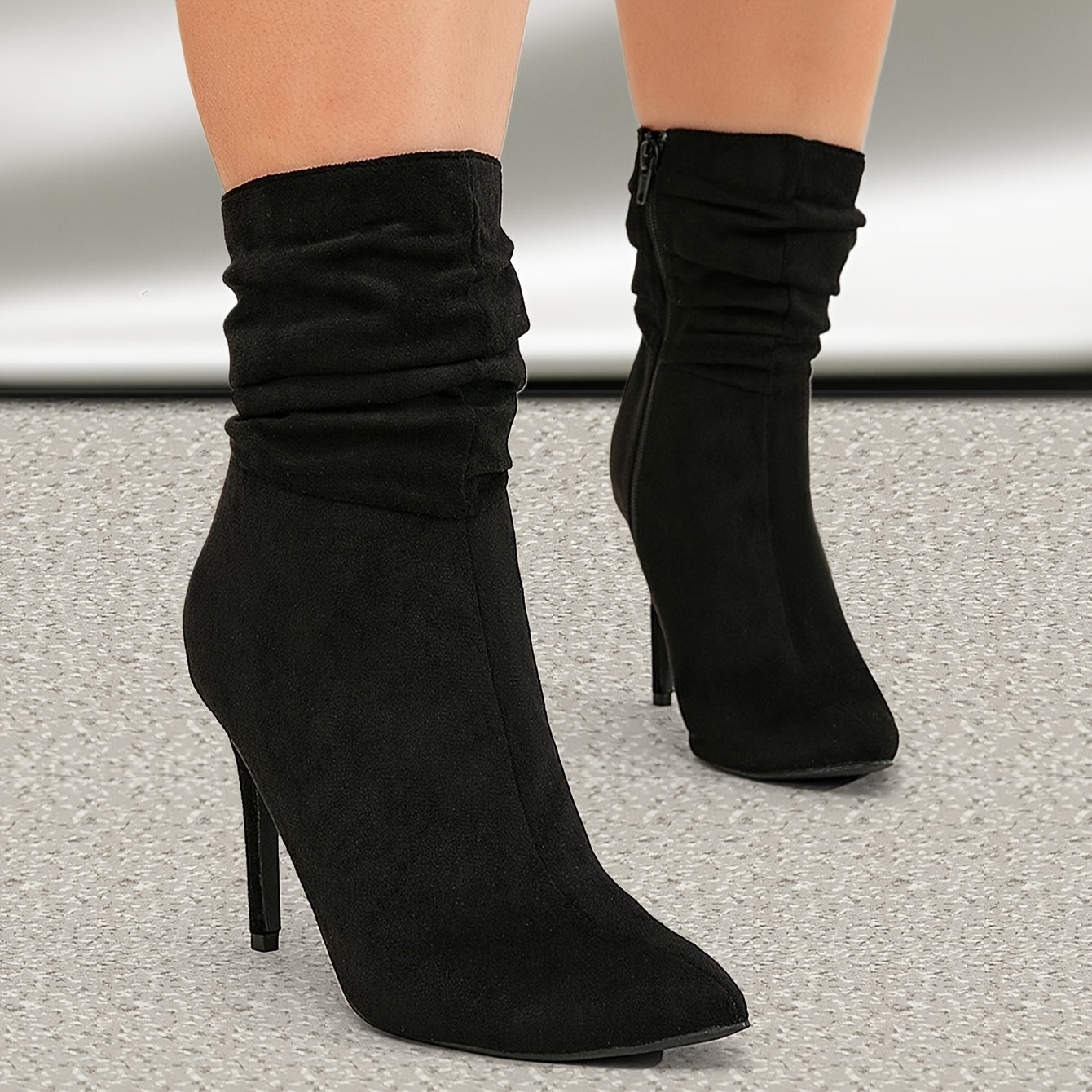 Women's Black Microfiber Mid-Calf Zipper Pointed Toe Stiletto Boots