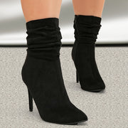 Women's Black Microfiber Mid-Calf Zipper Pointed Toe Stiletto Boots