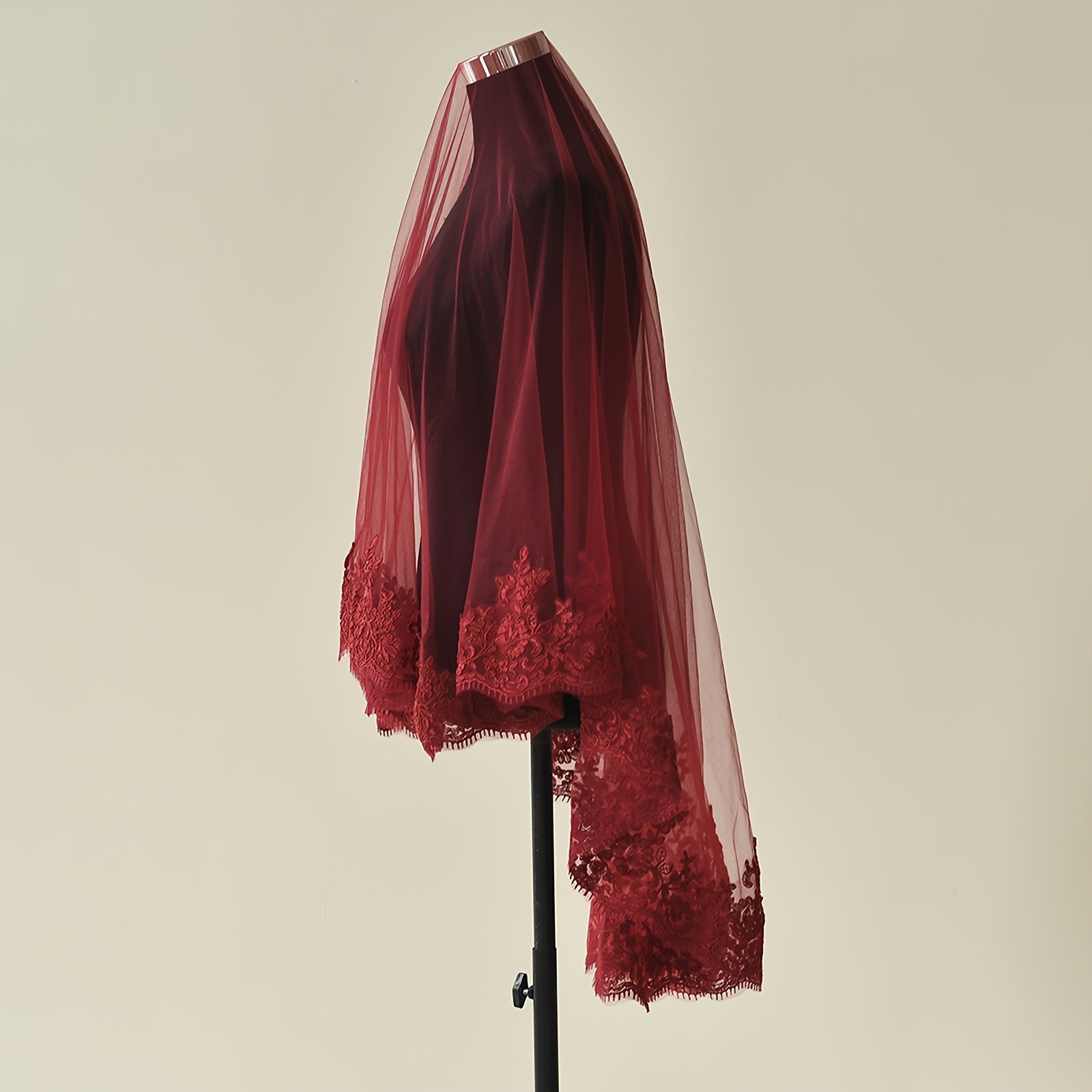 Hand Wash Only Bridal Veil with Red Embroidery Romantic Nylon Wedding Accessory