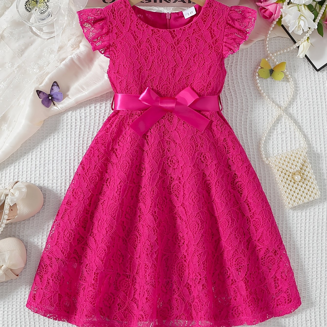 Girls' Summer Dress with Lace Detail Belt Flutter Sleeves Knee Length Fit and Flare Solid Polyester