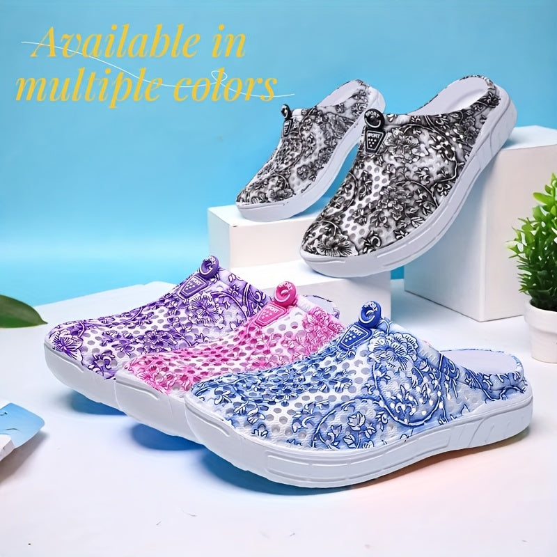 Women's Blue White Porcelain Print Clogs EVA Flat Heel Casual Footwear