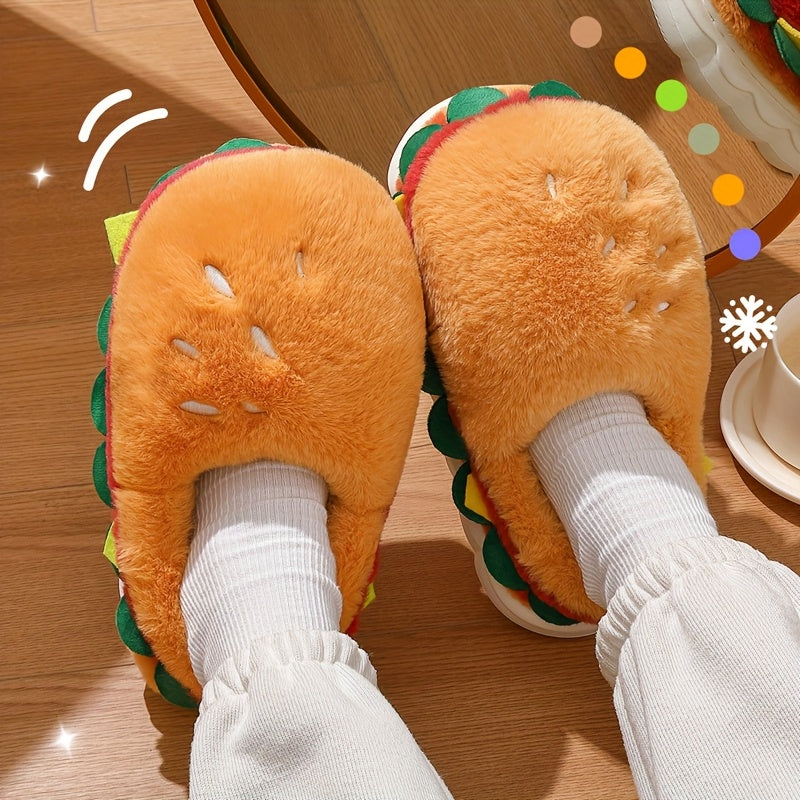 Unisex Plush Slippers Winter Warm Soft Fabric EVA Sole Playful Hamburger Design