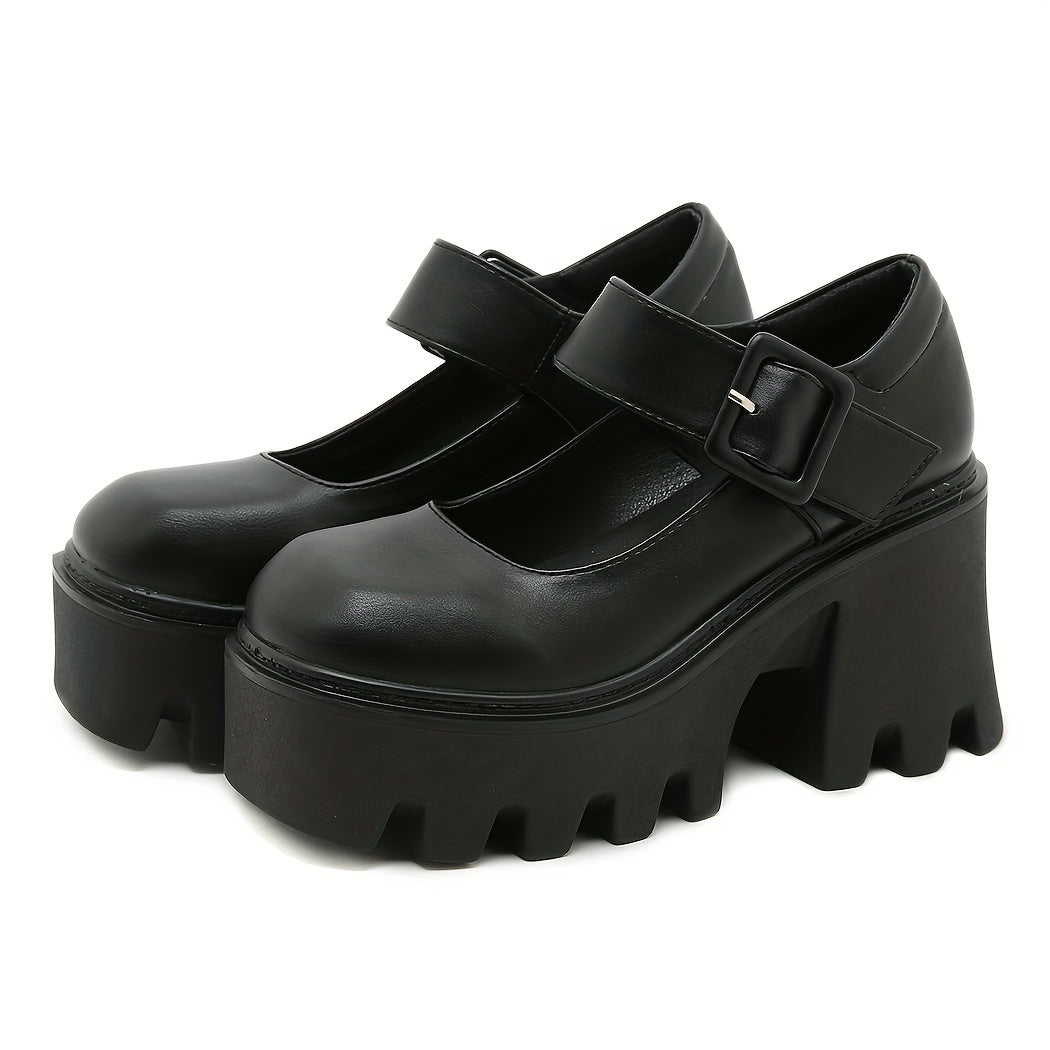 Women's Mary Jane Shoes Closed Toe Buckle Strap Platform Chunky Heels