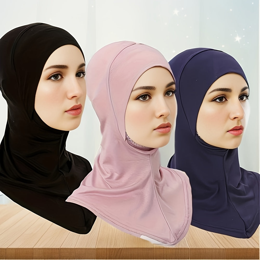 Women’s Elastic Modal Hijab Caps Pack of 3 Breathable Polyester Solid Color Head Wraps with Snap Closure