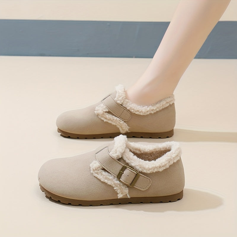 Women's Flannel-Lined Ankle Booties Casual Flat Heel Buckle Closure