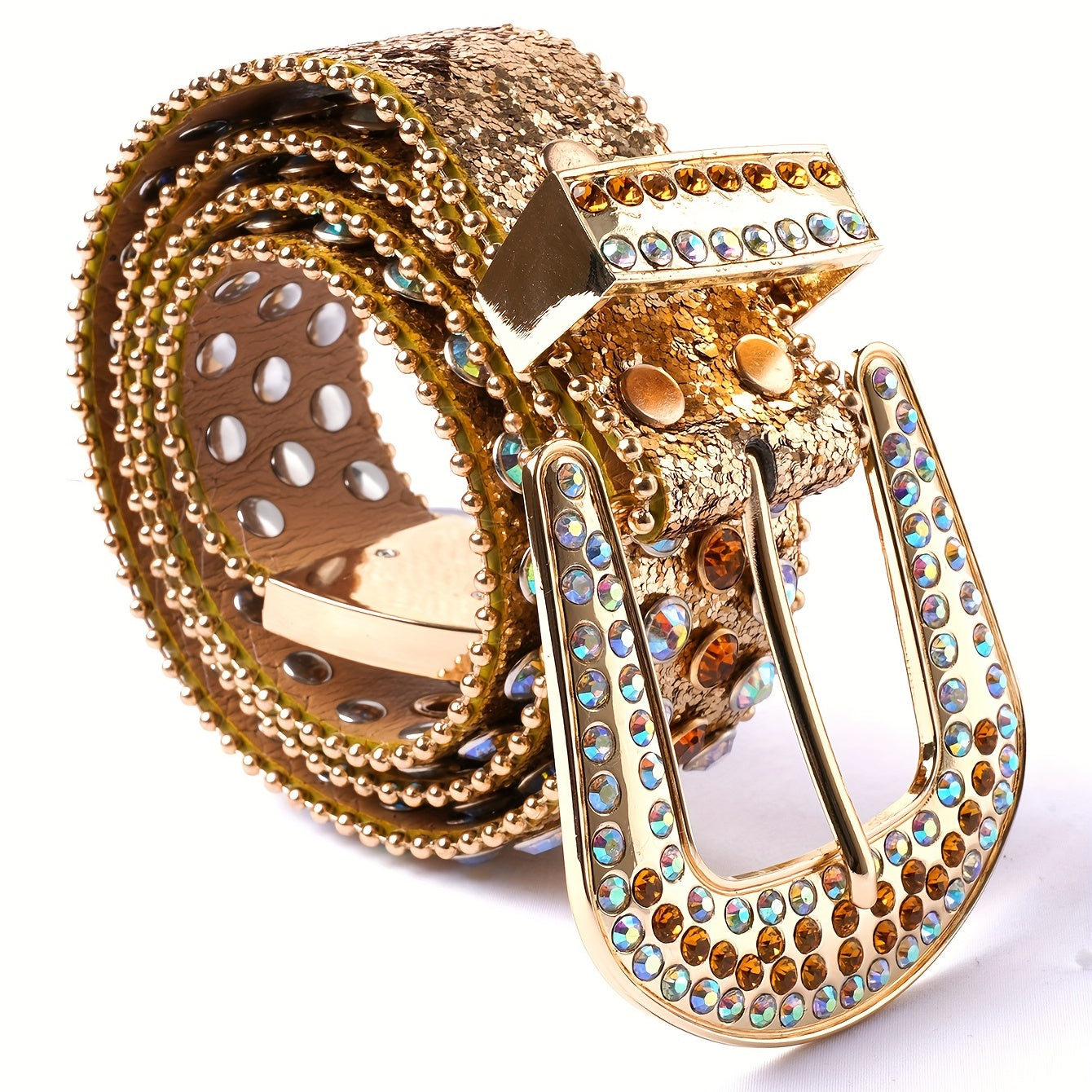 Western Style Jeans Pants Belt with Gold Glitter Rhinestones and Punk PU Leather for Boho Cowboy or Cowgirl