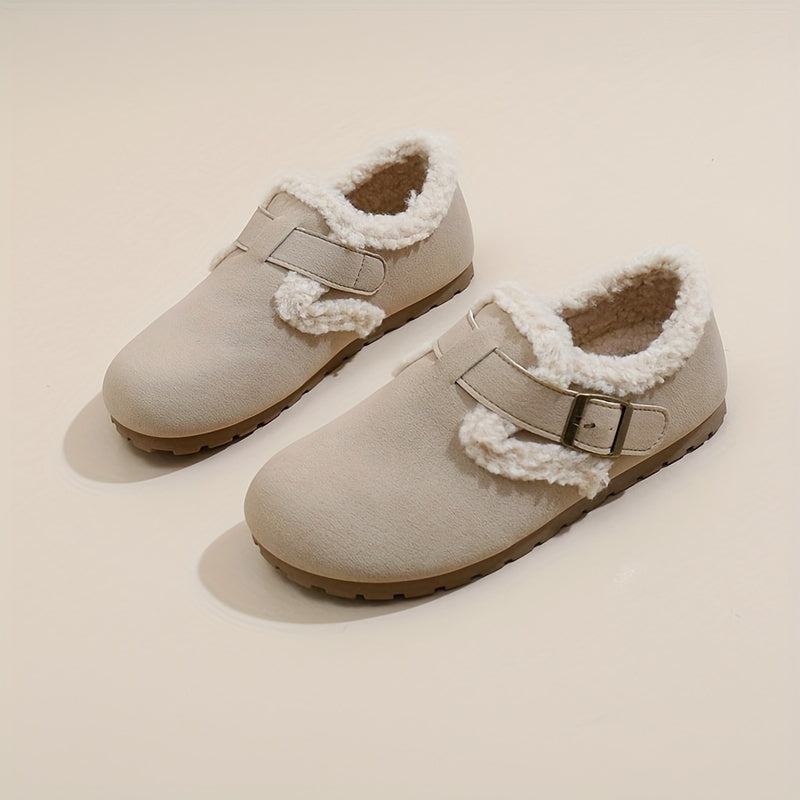 Women's Flannel-Lined Ankle Booties Casual Flat Heel Buckle Closure