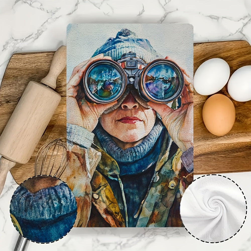 Set of 2 Ultra Soft Kitchen Towels Binoculars Scene Absorbent Dish Towels 16x24 Inches