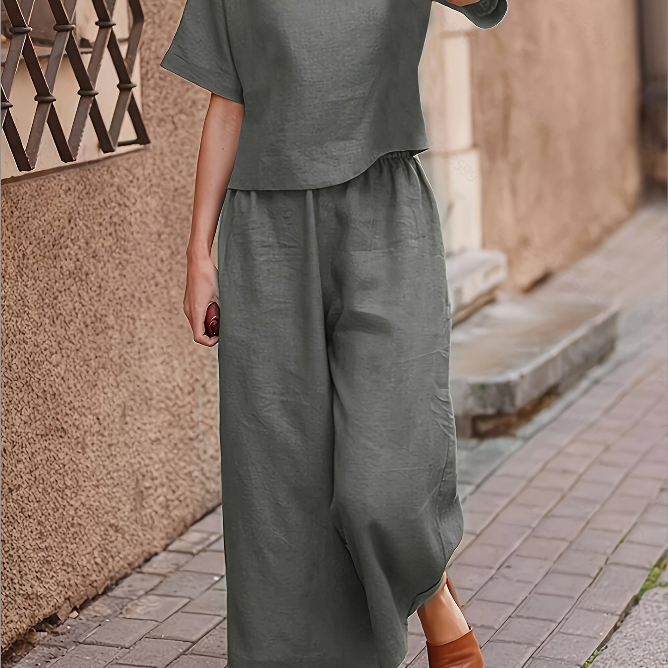 Women's Casual Solid Polyester Crew Neck T-Shirt and Wide Leg Pants Set