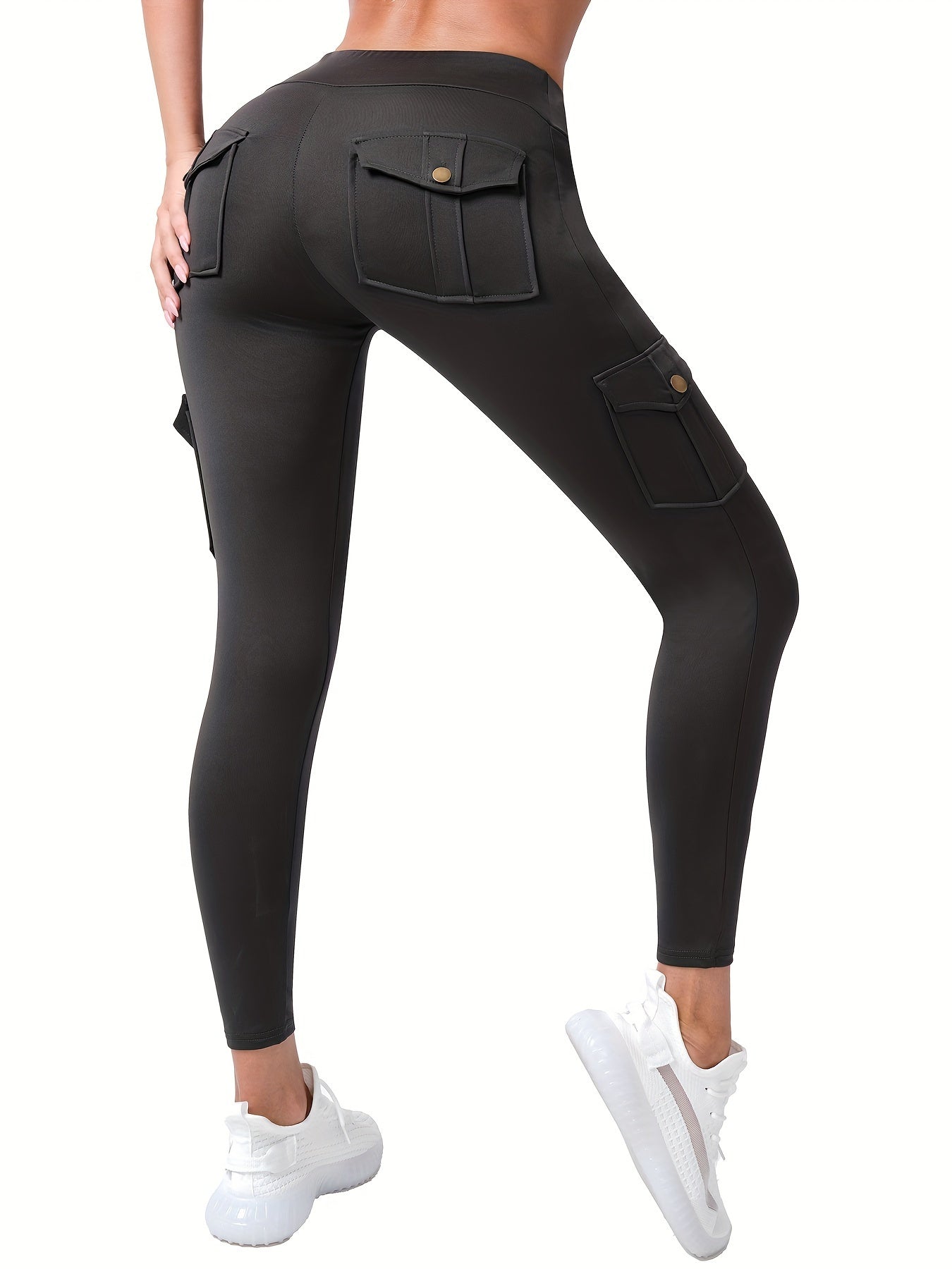 High Waist Leggings with Four Pockets Solid Color Mid Elasticity Knit Fabric for Women