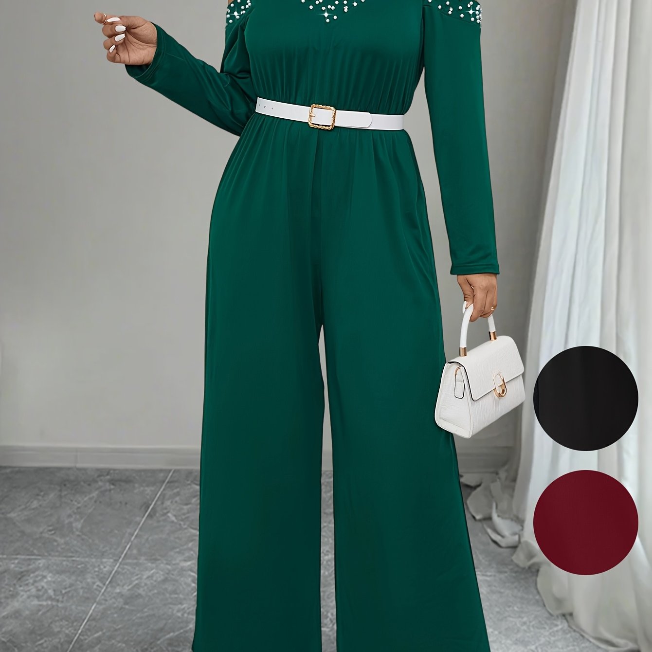 Plus Size Solid Cold Shoulder Jumpsuit Beaded Cinched Waist Women