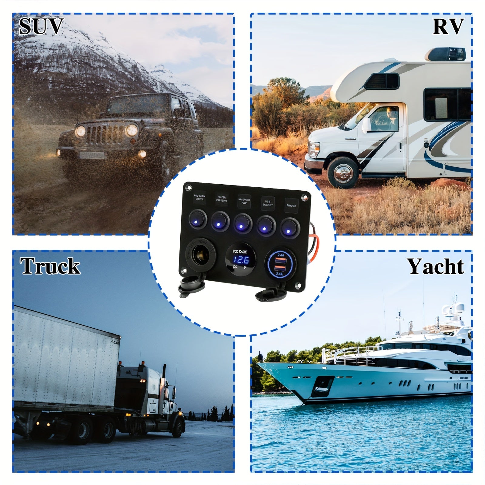 Ko‘p funksiyali roker kalit paneli USB zaryadkali volt o‘lchagich bilan avtomobil va yelkenli uchun