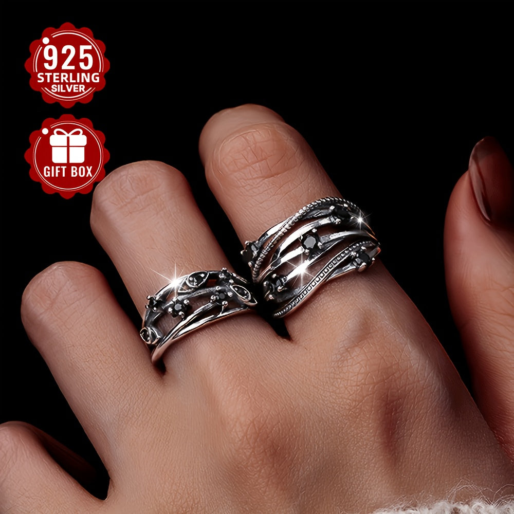 Sterling Silver Adjustable Open Band Multi-Layer Ring with Black Synthetic Zirconia
