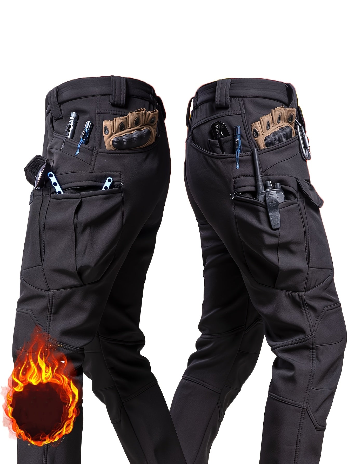 Men's Outdoor Work Pants with Pockets Soft Shell Fleece Lining Mid-Rise Fall Winter