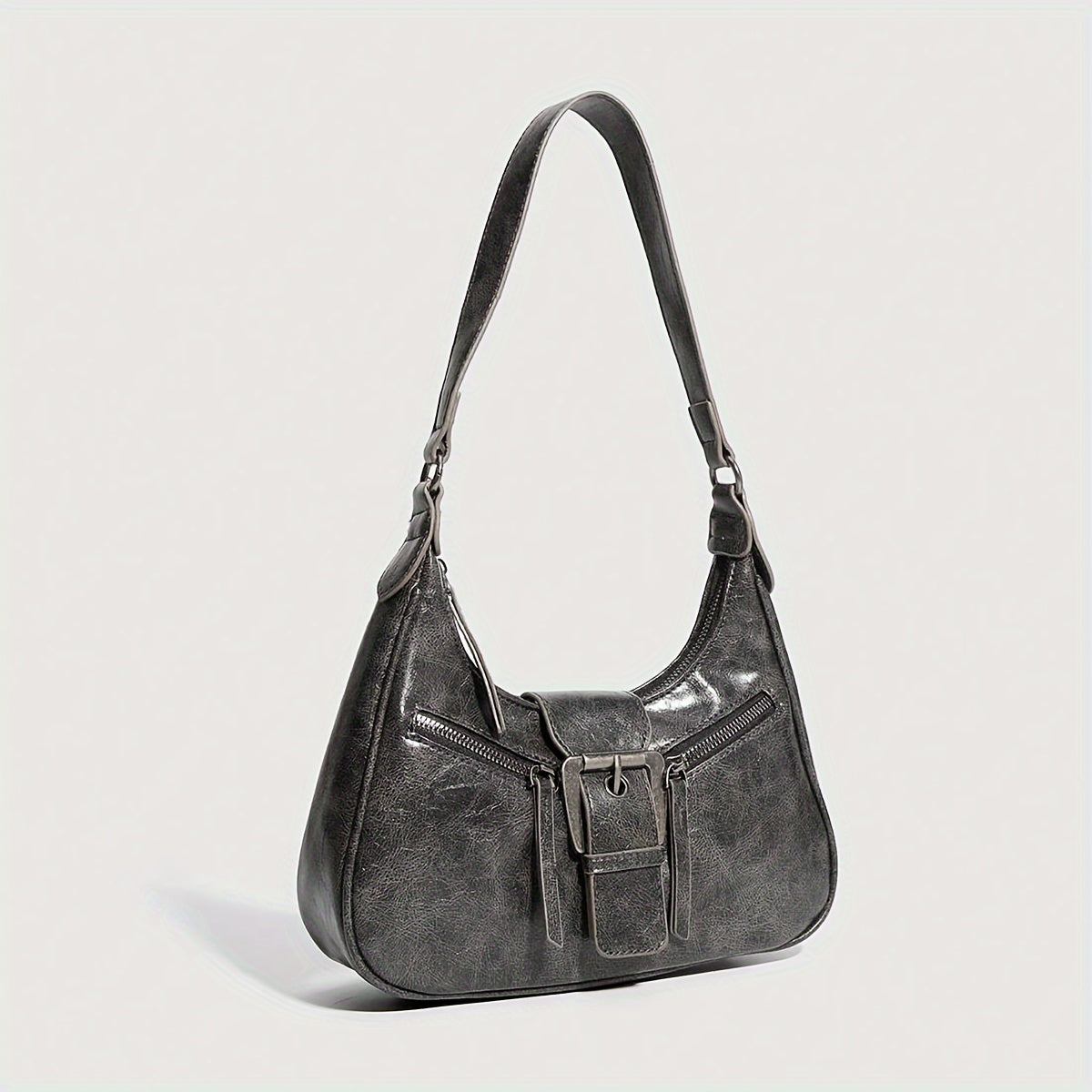 Y2K Punk uslubidagi vintage mototsikl yelka sumkasi ayollar uchun, qora kulrang sintetik charm, sozlanadigan tasma va zip yopilishi bilan