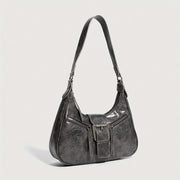 Y2K Punk uslubidagi vintage mototsikl yelka sumkasi ayollar uchun, qora kulrang sintetik charm, sozlanadigan tasma va zip yopilishi bilan