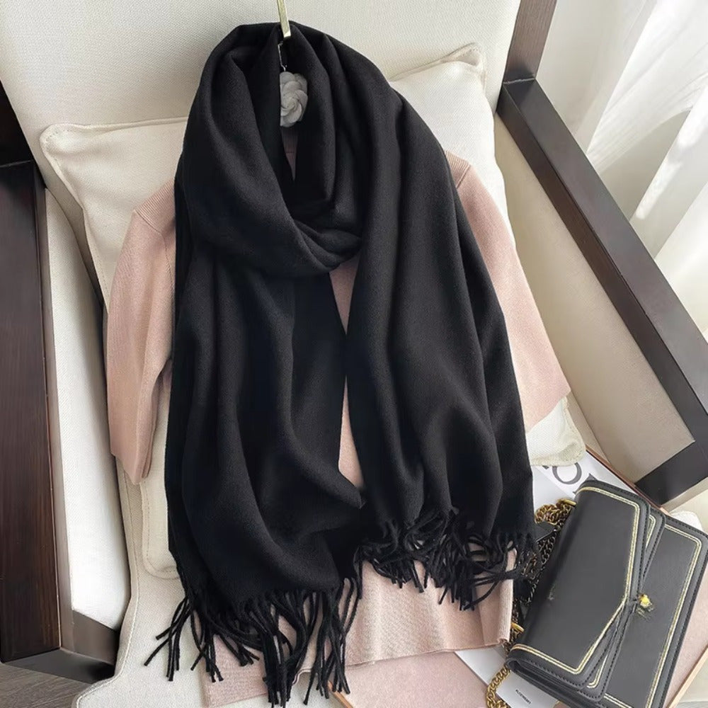 Women Black Tassel Shawl Scarf Thick Plush Wool Feel Double-Sided Cashmere Autumn Winter