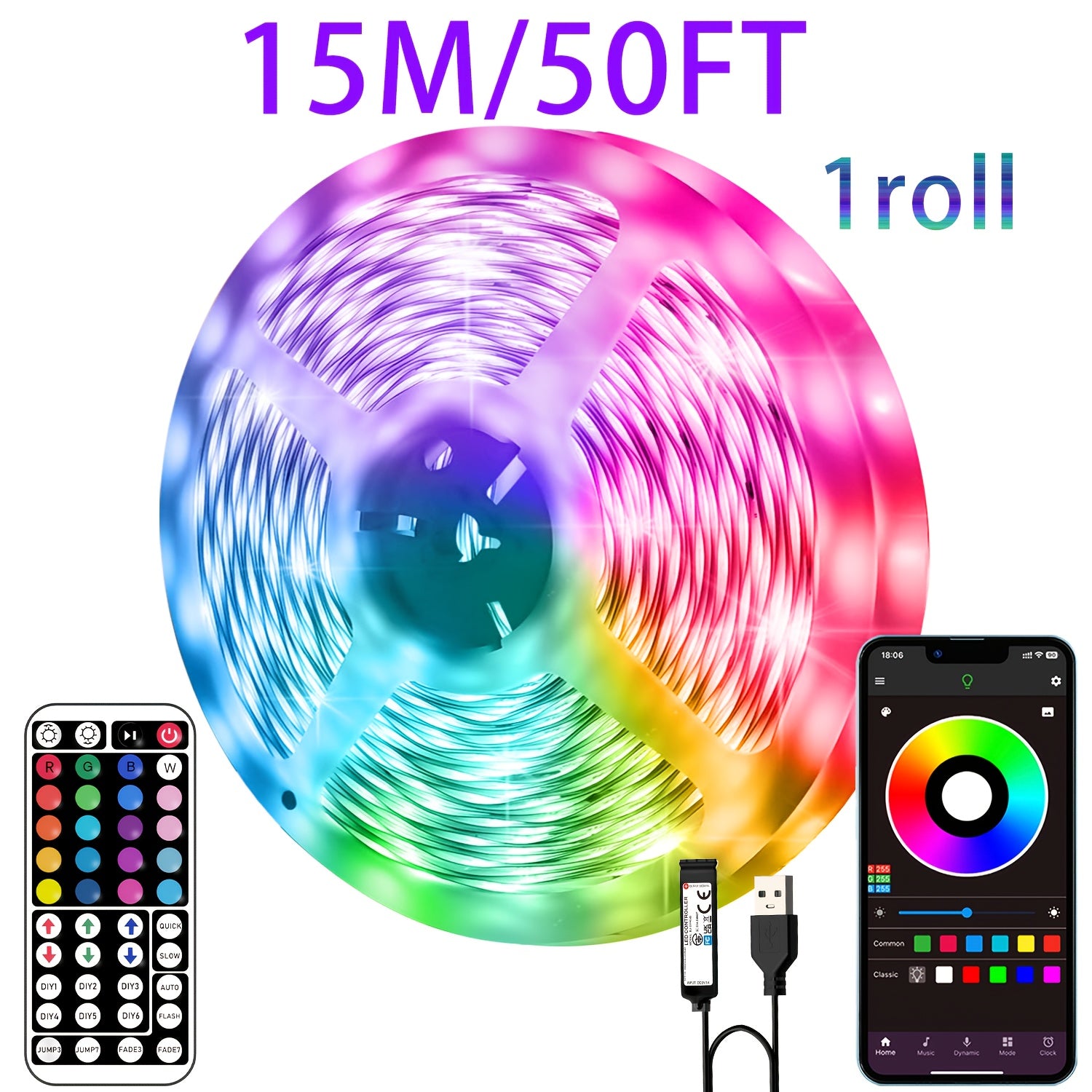 Tira de luces LED RGB de 5V alimentada por USB de 91,44cm a 30,48m con control remoto, aplicación, regulable, cambio de color para dormitorio, sala de estar, fiesta