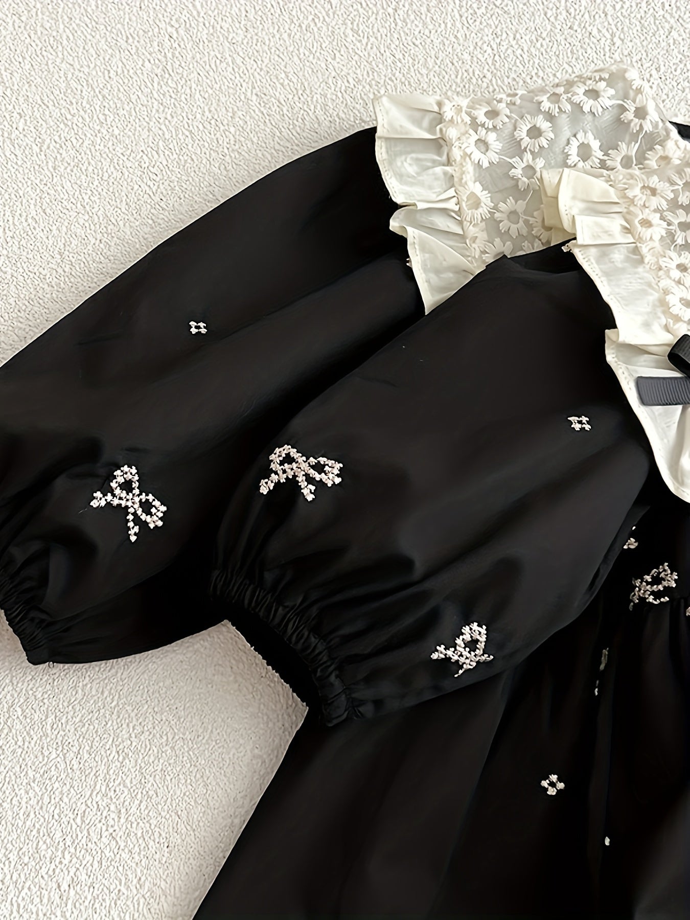 Girls' Navy Blue Cotton Princess Dress with Bow Ruffled Collar and Long Sleeves