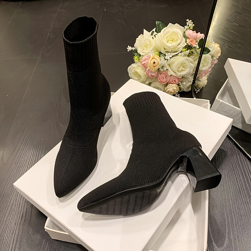 Women's Knitted Chunky Heel Ankle Boots Black Slip-On Casual Style