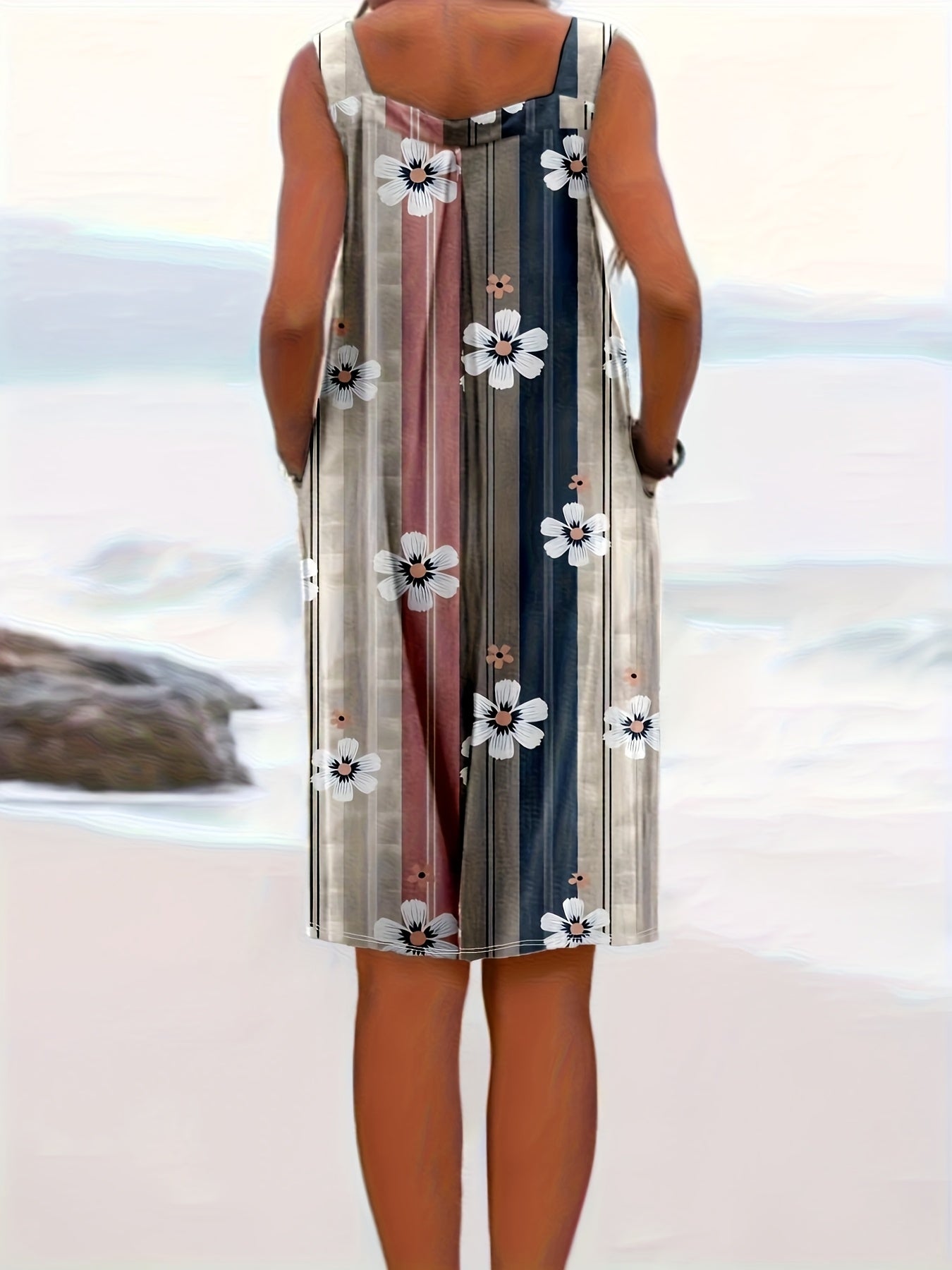 Mono sin mangas con estampado floral para mujer, escote cuadrado, tela elástica, estilo vacaciones