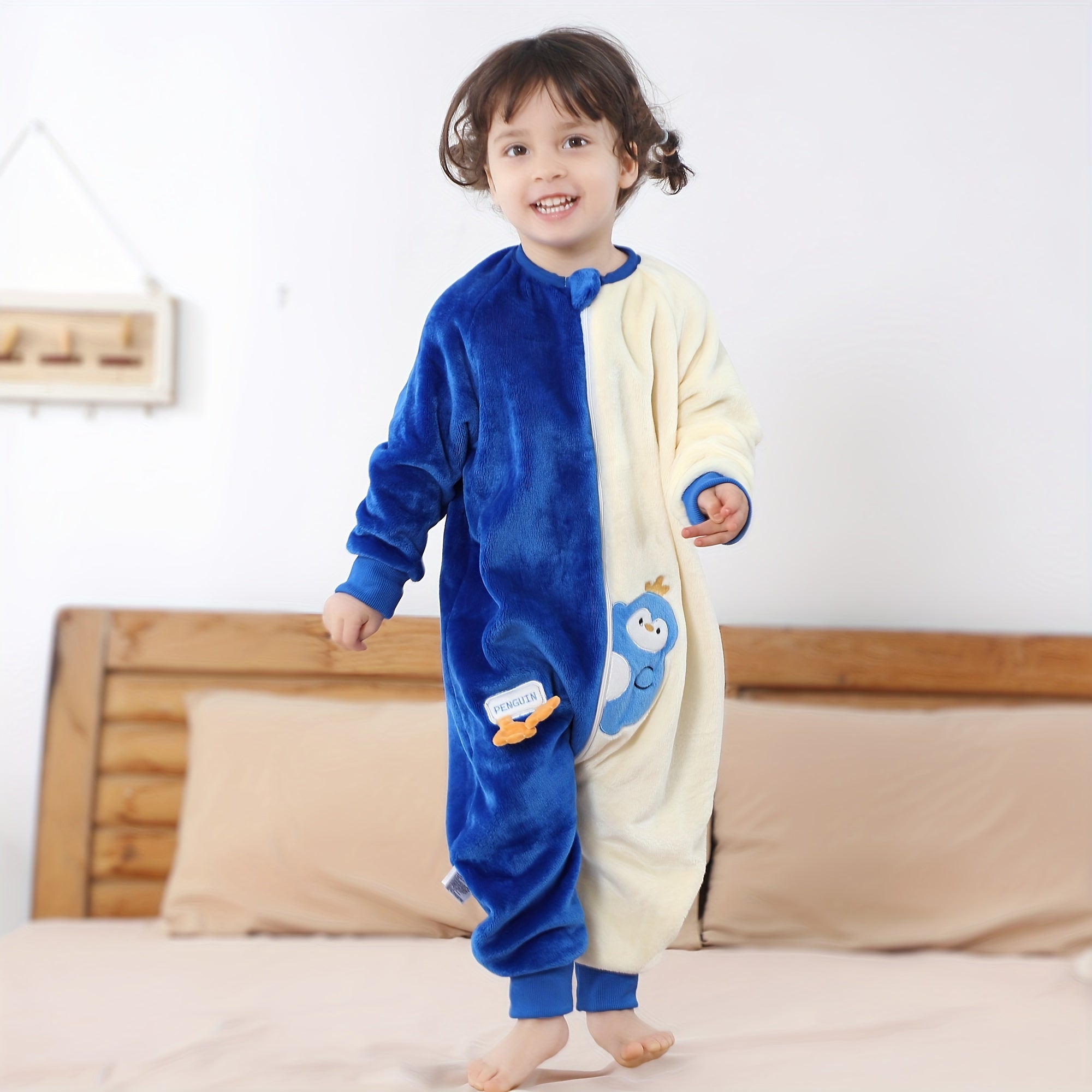 Синий унисекс спальный мешок MICHLEY с принтом животных, изготовленный из полиэстерового флиса с раздельным дизайном ног и застежкой на молнии. Машинная стирка, подходит для детей в возрасте от 3 до 6 лет.