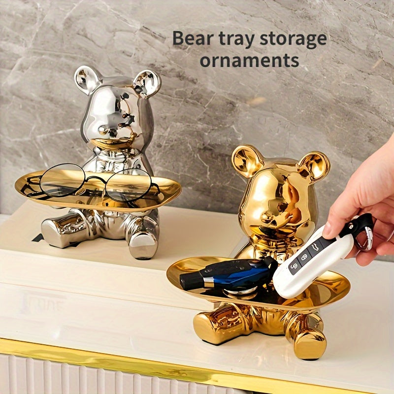 Ceramic Bear Figurine with Metal Tray Modern Home Decor Key Organizer