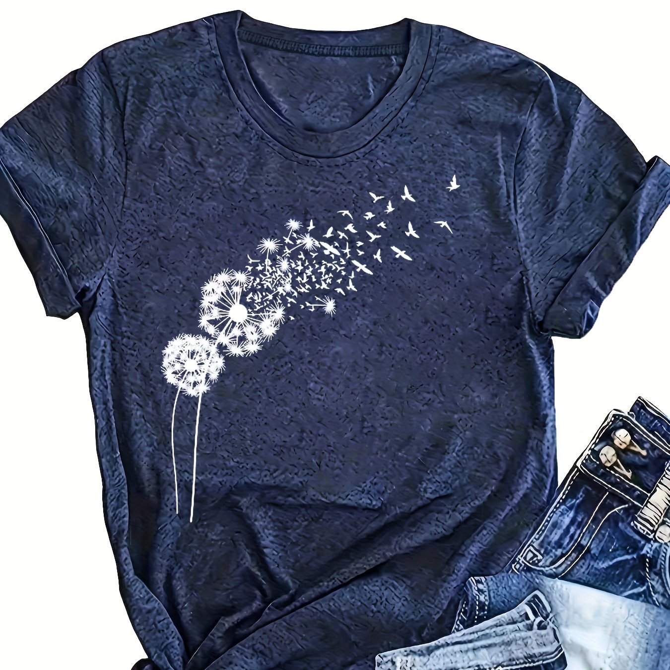 Women's Green T-Shirt with Dandelion & Birds Graphic Short Sleeve