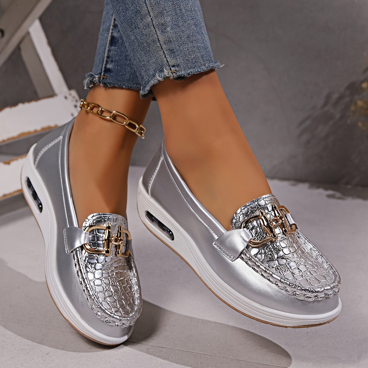 Women Glitter Loafers Leather Casual Sneakers Metallic Silver Gold Black