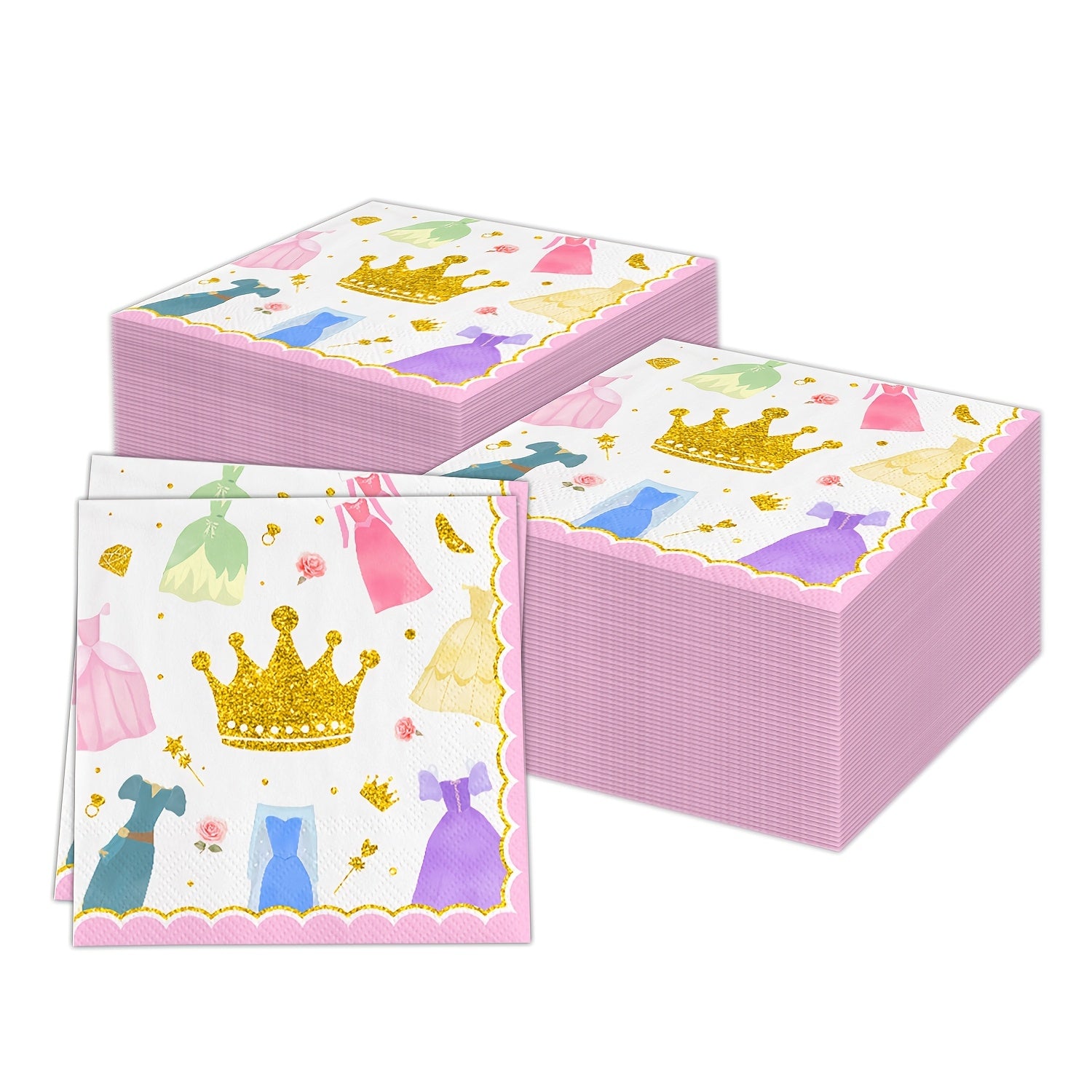 Set of 20 Pink and Gold Princess Party Napkins 2-Ply Paper for Birthdays and Celebrations