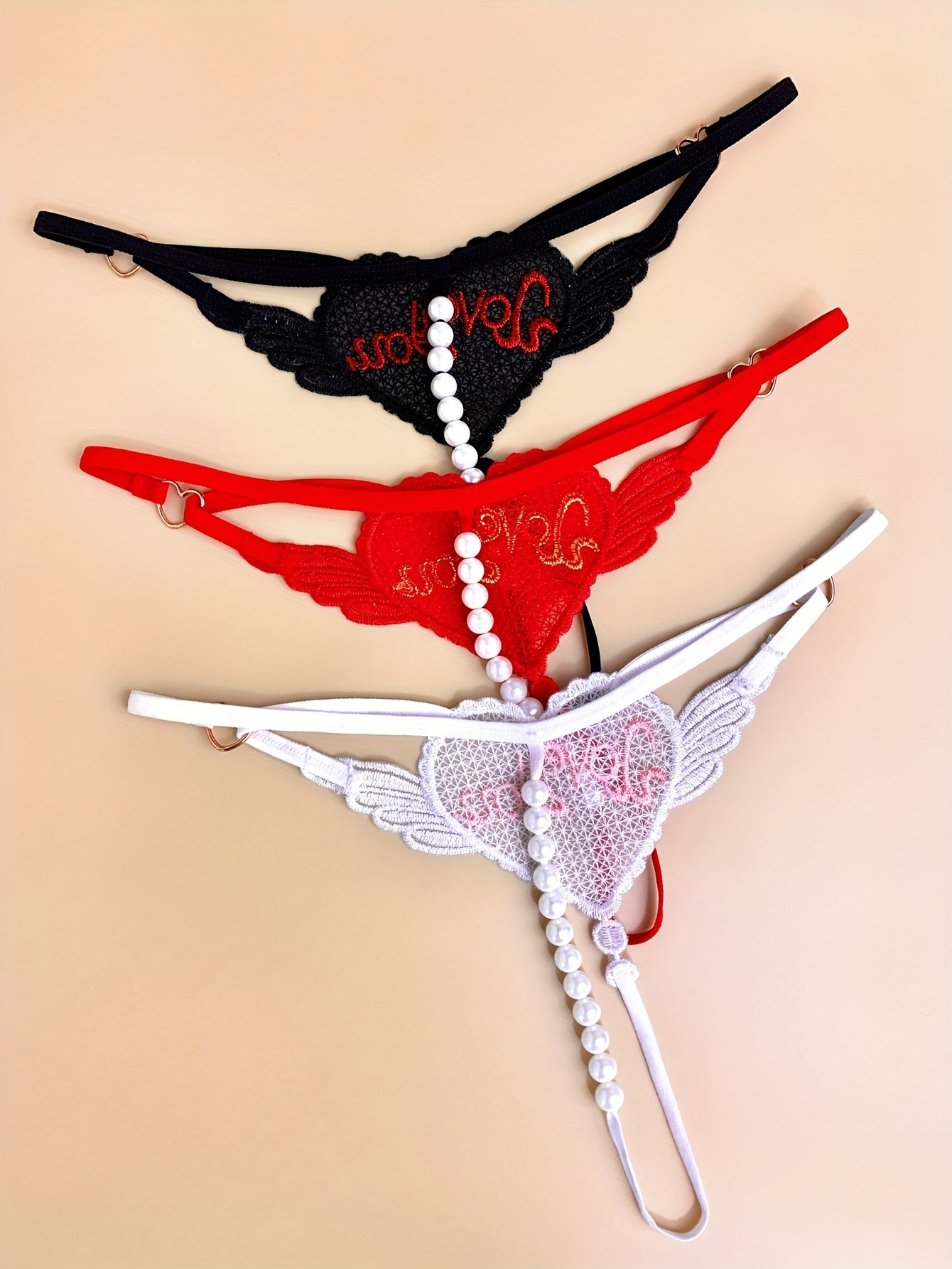 Women's Heart Chain Thongs Lingerie with Love You Embroidery Soft Polyester Spandex