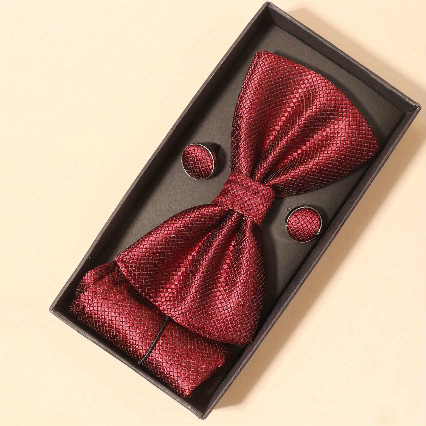 Men's Formal Wedding Bow Tie Set with Pocket Square and Cufflinks