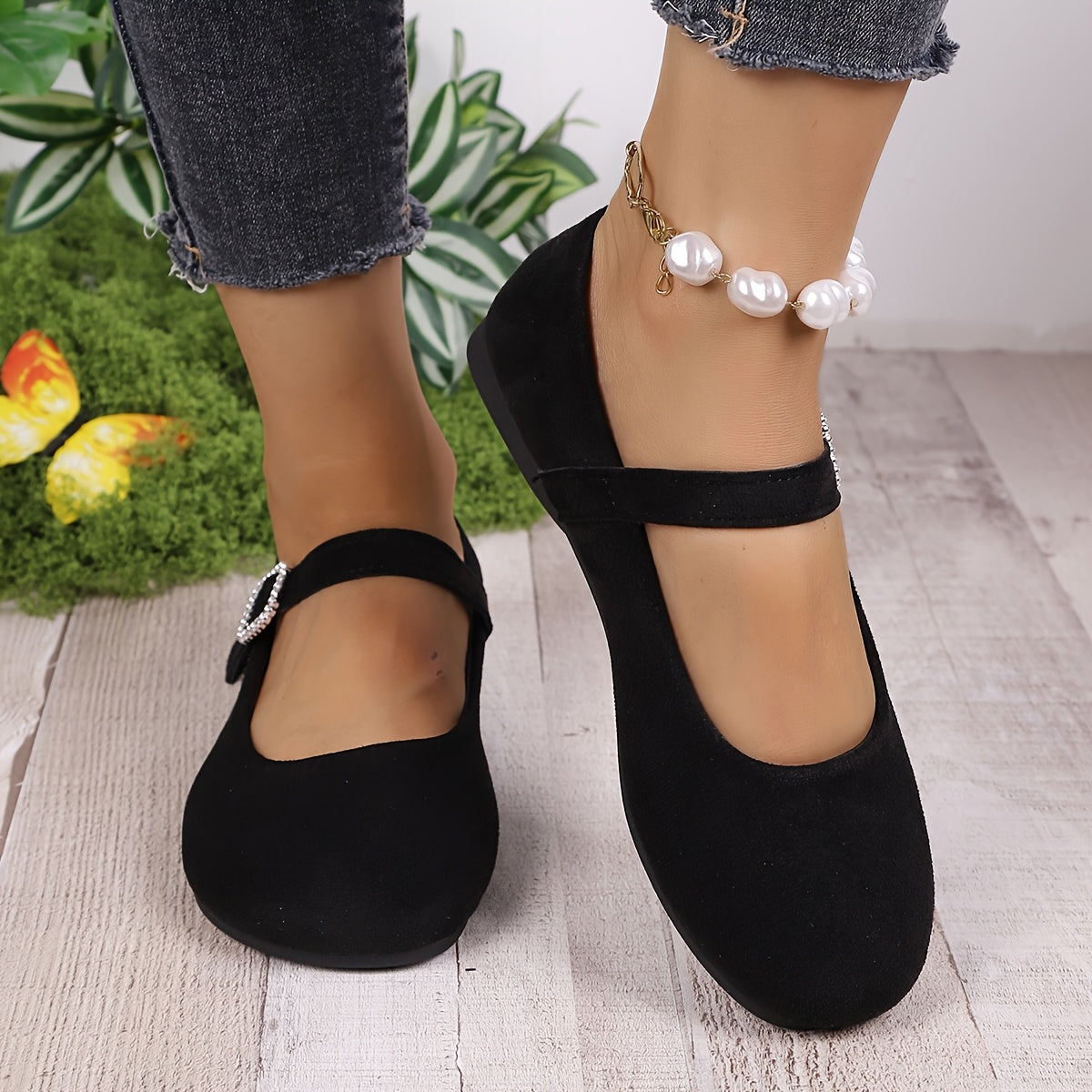 Ayollar Mary Jane tuflari, rhinestone tokchali, yashil, yengil fleece, qulay