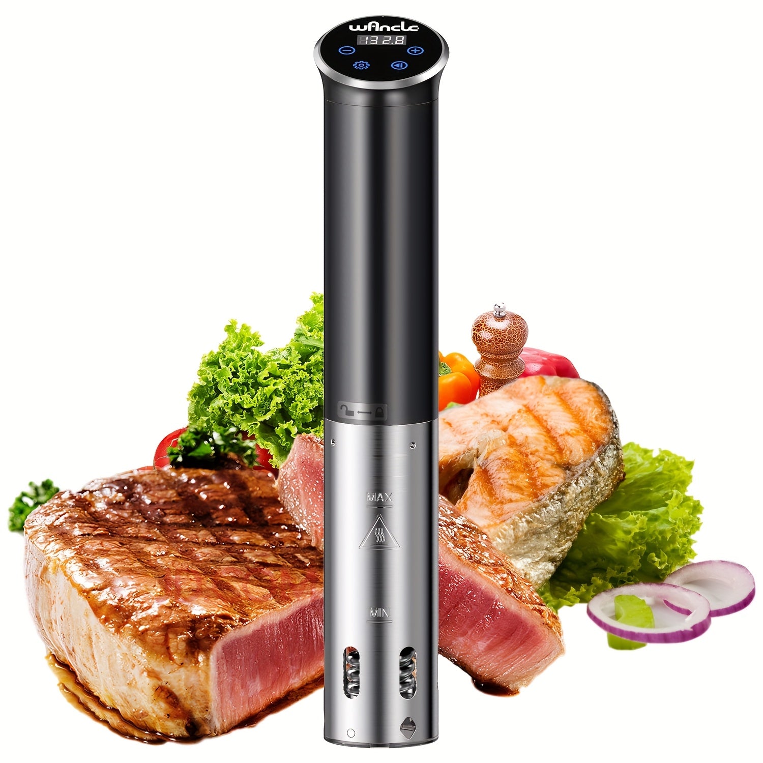 Wancle Sous Vide Cooker 1100W - функция резервирования, дизайн из нержавеющей стали, идеально подходит для стейков, рыбы и овощей. Легко хранить благодаря удобному интерфейсу.