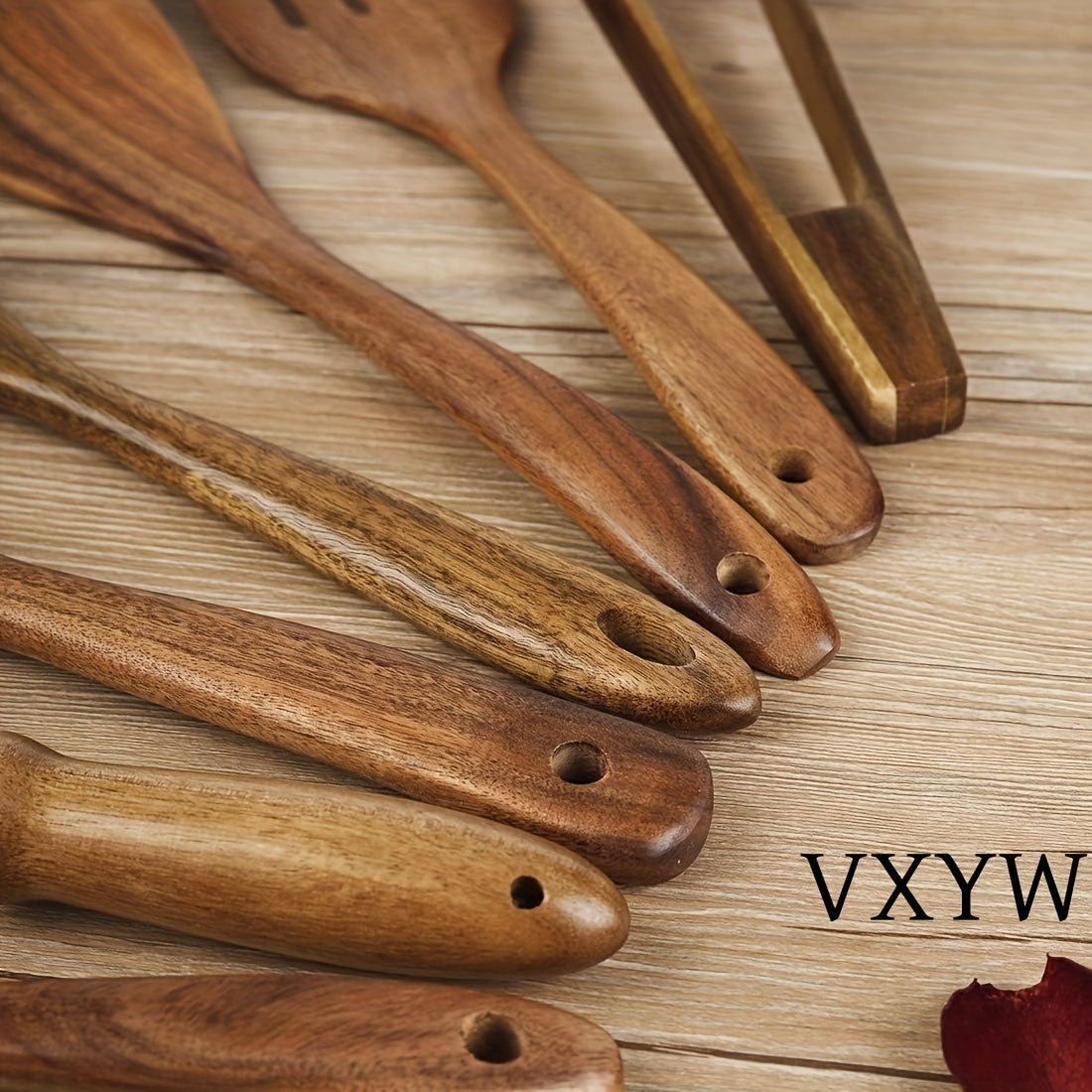 Set of 7 Wooden Cooking Utensils Non-Stick Safe Kitchen Gadgets and Accessories