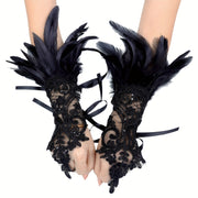 Gothic Lace Gloves with Faux Feathers Sequins and Lace-Up Hooks for Halloween