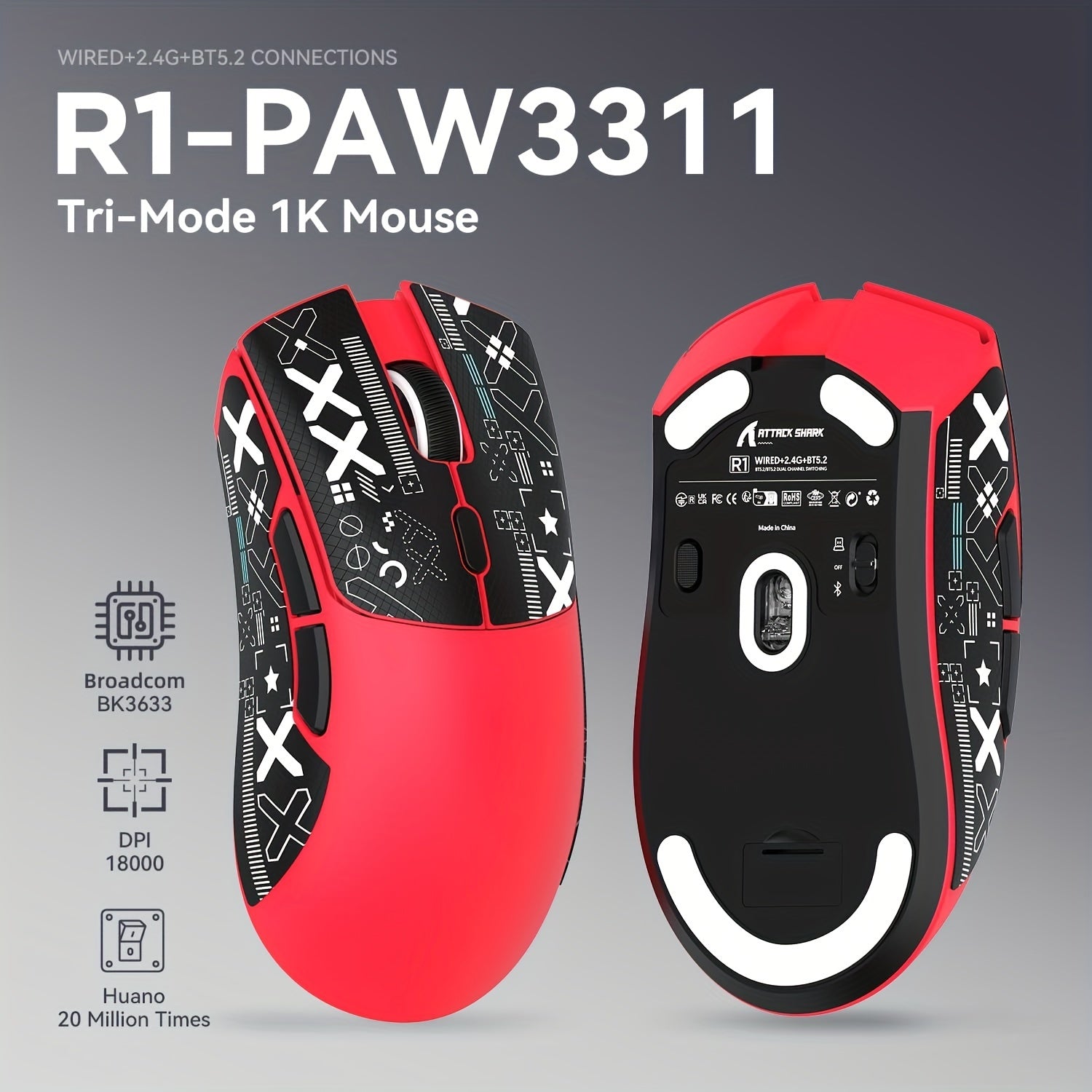 Wireless Gaming Mouse 18K DPI Optical Ambidextrous Ultralight 59g Tri-Mode Connectivity
