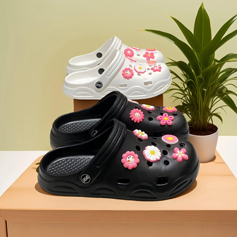 Women's Summer Clogs With Pink Flower Accessories Slip-On Comfortable Beach Daily