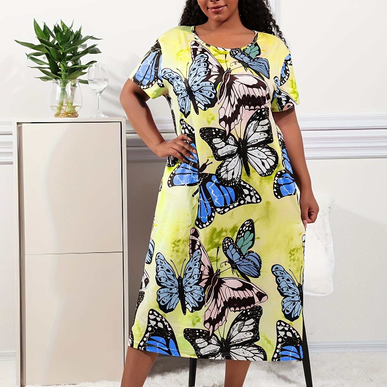 Ayollar uchun uyqu kiyimi, katta o'lcham, tie dye, kapalak naqshli, qisqa qo'lqopli kechki kiyim