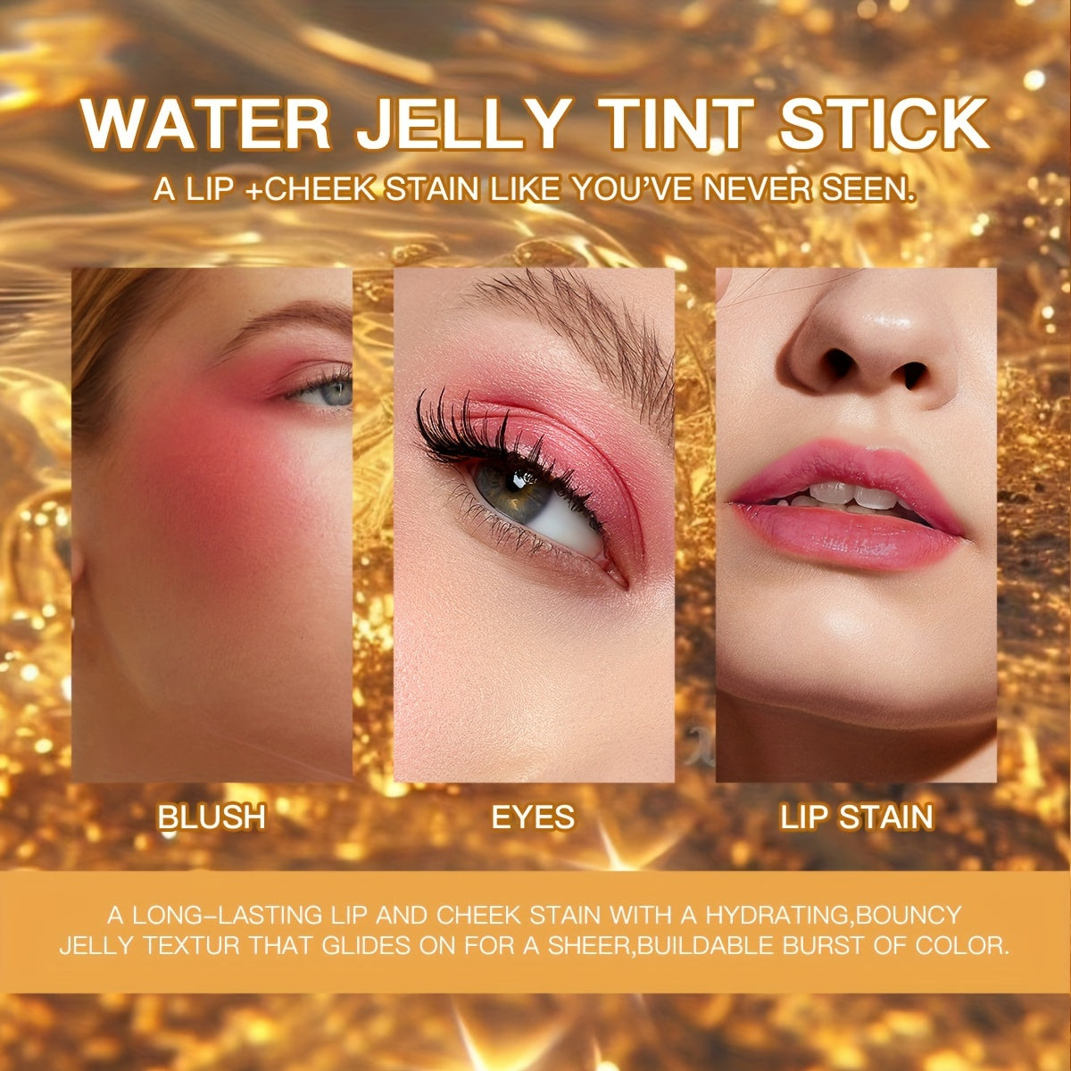 3-in-1 Suv o'tkazmaydigan Blush Stick Tabiiy pushti uchun lablar, ko'zlar va yonoqlarga