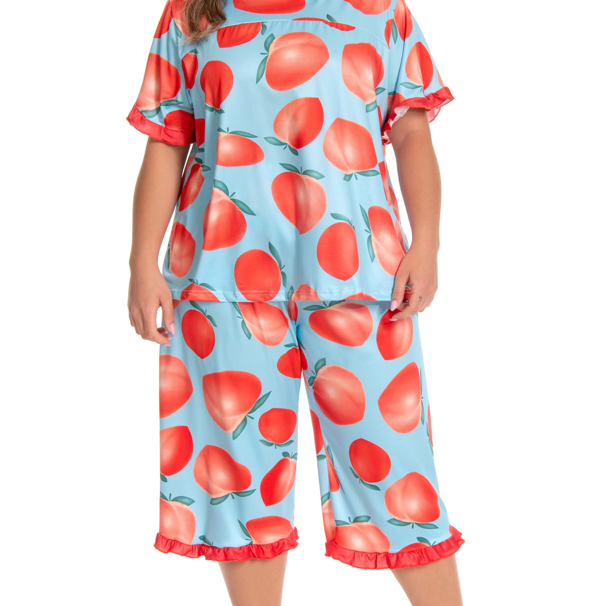 Women's Cherry Print Loungewear Set with Ruffled Sleeves and Cropped Pants